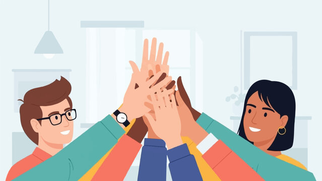 Diverse team members celebrate success with a unified high five gesture