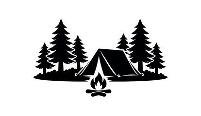 Obraz premium Flat vector illustration of campsite silhouette with tent campfire shape and pine trees isolated on pure white slightly style high quality no texture no grain