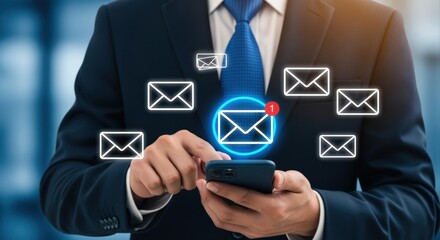 Professional holds smartphone with email notification interface symbolizing modern communication and digital connectivity for business