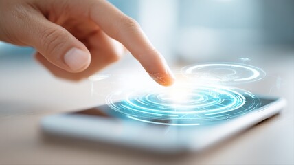 Human Finger Touching Smartphone Screen with Futuristic Interface, Representing Modern Technology and Innovation