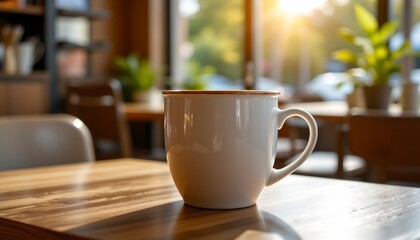 Fototapeta premium A plain white ceramic mug with a thin brown rim is centered on a wooden table, casting a faint shadow
