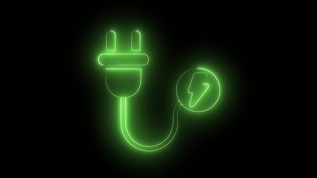 Neon electric plug with energy bolt glowing a vibrant fuchsia on a black