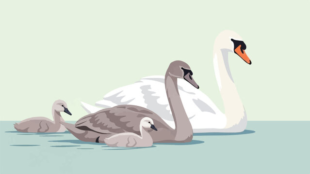 Family of swans swimming peacefully in calm, light blue water