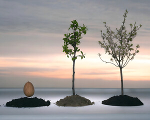 Lonely tree on the beach at sunset