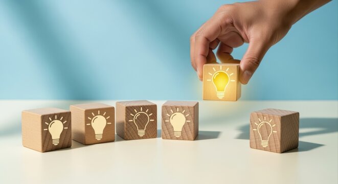 Creative Idea Selection: Hand Picking a Glowing Lightbulb Block from a Group