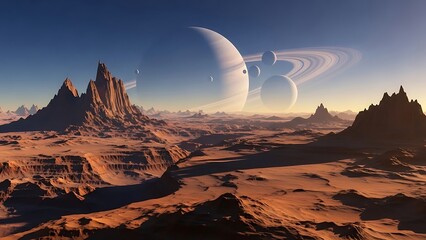Vast alien desert landscape with towering rock formations under a ringed planet system