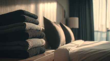 Stack of neatly folded dark and gray bath linens rests on a wooden surface beside a made bed in a sunlit room
