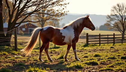 The image features a small horse standing in a grassy paddock during what appears to be late afternoon or early evening