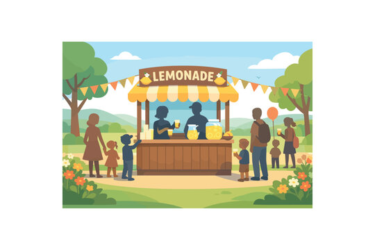 Flat vector background illustration of spring holiday lemonade stand with simplified people silhouettes serving drinks to passersby style clean 2D shapes no outlines minimal details matte