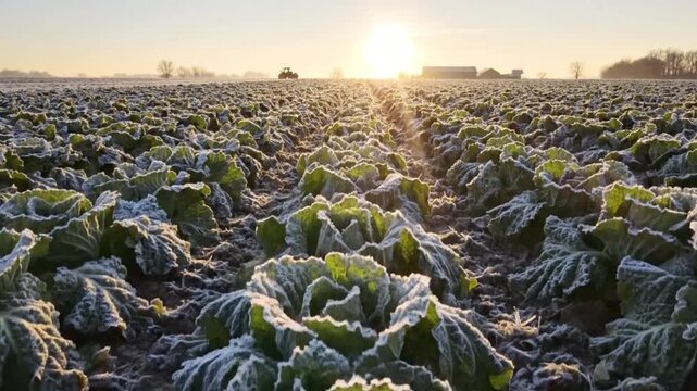 Frosty cabbage field at sunrise with tractor in the distance on a cold morning