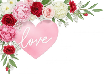 Valentine Love script on soft pink heart surrounded by lush floral arrangement of red roses white peonies romantic border transparent background