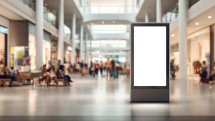 Fototapeta premium Blank Advertising Kiosk Display in Modern Shopping Mall, Ideal for Mockup, Retail Promotions, and Marketing Campaigns