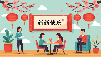 Festive celebration with people, lanterns, and a scroll in bloom