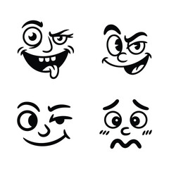 Four expressive cartoon faces with exaggerated expressions