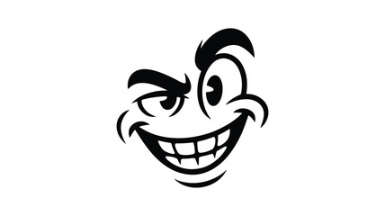 Black and White Cartoon Face with Big Smile and Winking Eye