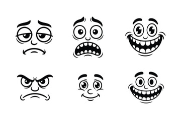 Six black and white cartoon faces showing different emotions