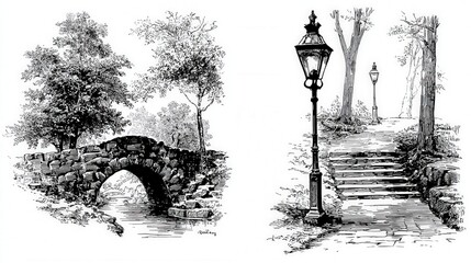 Obraz premium Vintage engraved illustrations of old stone bridge and lamp-lined path for historical design.