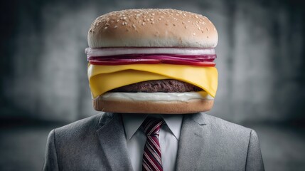 Surreal Hamburger-Head Businessman in Suit: Creative Food Art with Cheeseburger Face