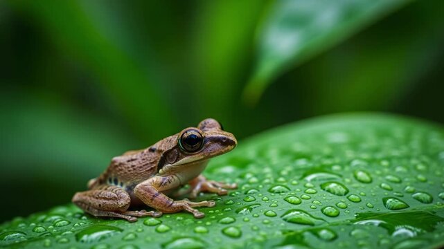 Small frog resting on a dew-kissed green leaf motion animated video 4K.
