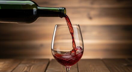 Naklejka premium Pouring Red Wine into Glass on Wooden Surface for Tasting and Enjoyment, Celebrating Special Occasions