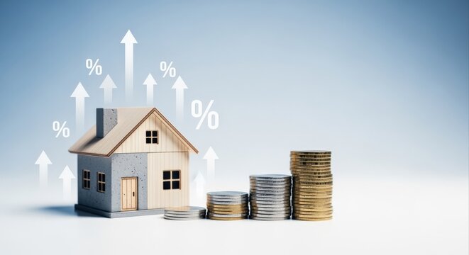 Rising Real Estate Values Concept: House Model with Stacked Coins and Upward Arrows