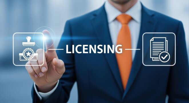 Licensing Agreement Concept: Businessman Activating License Icon on Touchscreen Interface for Business Compliance and Regulation