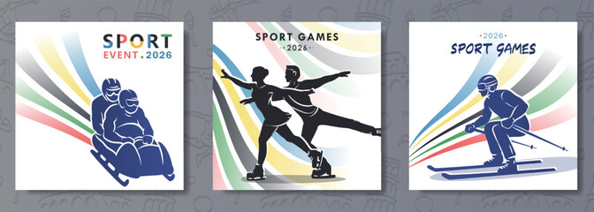 Naklejka premium Winter sports 2026 set of posters with bobsleigh, figure skating and skiing silhouettes. Modern flat banners with Olympic lines in colors on white background, dynamic international competition cards