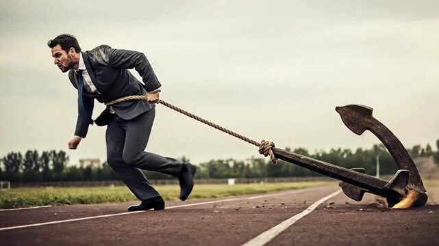 Businessman Running on a Track Pulling a Heavy Anchor