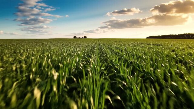 Vast green agricultural field of young corn stalks stretches towards the horizon under a dramatic sunset sky creating vibrant natural scenery.