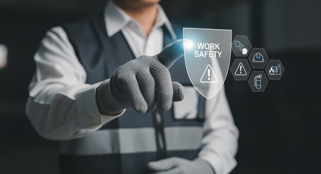 Work Safety Concept: Engineer Interacting with Digital Interface Displaying Safety Regulations and Protocols, Promoting Workplace Hazard Prevention
