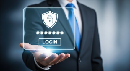 Data Protection Concept: Businessman Presenting Cybersecurity Shield and Login Interface for Secure Access