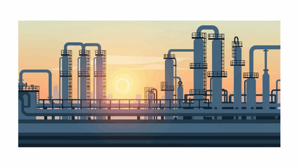 Obraz premium Industrial refinery complex silhouetted against a warm sunset sky