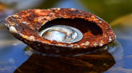 A coin is sitting in a shell in a body of water. The shell is brown and the water is blue