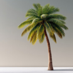 Obraz premium Single tall tropical palm tree with lush green fronds, curved trunk, isolated on minimal background, serene and natural beauty