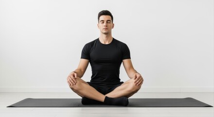 Fototapeta premium Meditating Man in Lotus Position on Yoga Mat Practicing Mindfulness for Wellness and Mental Health