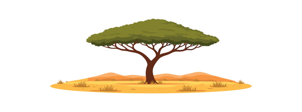 Flat vector illustration of single savanna horizon with one acacia tree isolated on pure white slightly style high quality no texture no grain