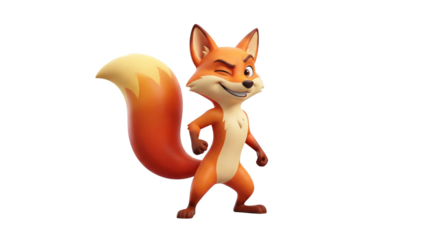 Winking cartoon fox with a bushy tail, standing confidently on a white background, ready for adventure