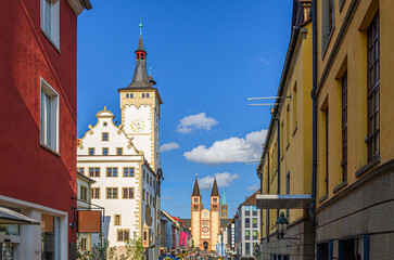 Naklejka premium Wurzburg old town altstadt with Grafeneckart house town hall Rathaus, Saint Kilian Cathedral, old colorful buildings on Domstrasse street in Wurzburg city center, Lower Franconia region, Germany