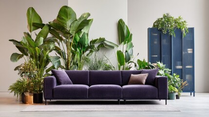 Contemporary living space features plush purple seating surrounded by abundant tropical foliage and dark blue storage unit