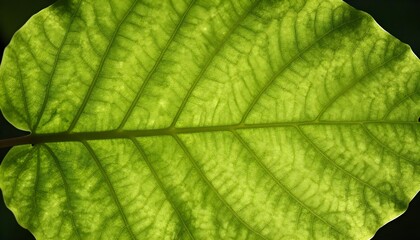 Fototapeta premium Close-up macro shot of a vibrant green leaf showing intricate vein patterns illuminated by sunlight