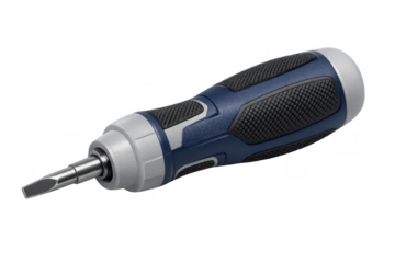 Manual screwdriver featuring a broad flat head and ergonomic dark blue handle with textured black grip, ideal for repair work