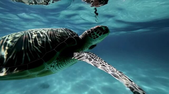 An underwater world unfolds, featuring a majestic sea turtle gliding effortlessly through crystal-clear water. Its textured shell and graceful movement create a serene and captivating scene.