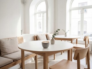 Fototapeta premium Minimalist white cafe interior with wooden furniture and coffee cup, scandi style coffee shop, bright room, morning breakfast, empty restaurant, cozy design, modern architecture, window light, latte.