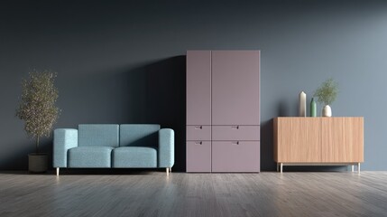 Contemporary interior composition featuring modern minimalist furniture arranged against a dark backdrop