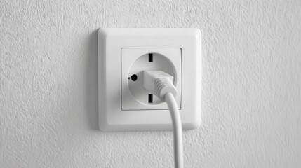 White electrical plug in the electric socket on a wall.