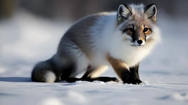 A captivating image of a silver fox, its pristine fur gleaming amidst a snow-covered winter landscape, its alert gaze and graceful pose capture a moment of untamed beauty and natural grace.