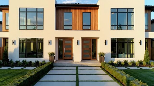 Modern duplex house with landscaped front yard