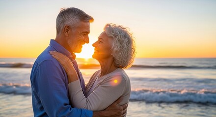 Loving senior couple embracing on the beach at sunset enjoying each other's company