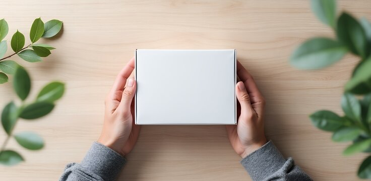 Top View Hands Holding Blank White Mailer Box on Wooden Table with Leaves