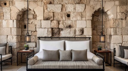 Luxurious bedroom setup features natural stone wall and wrought iron accents